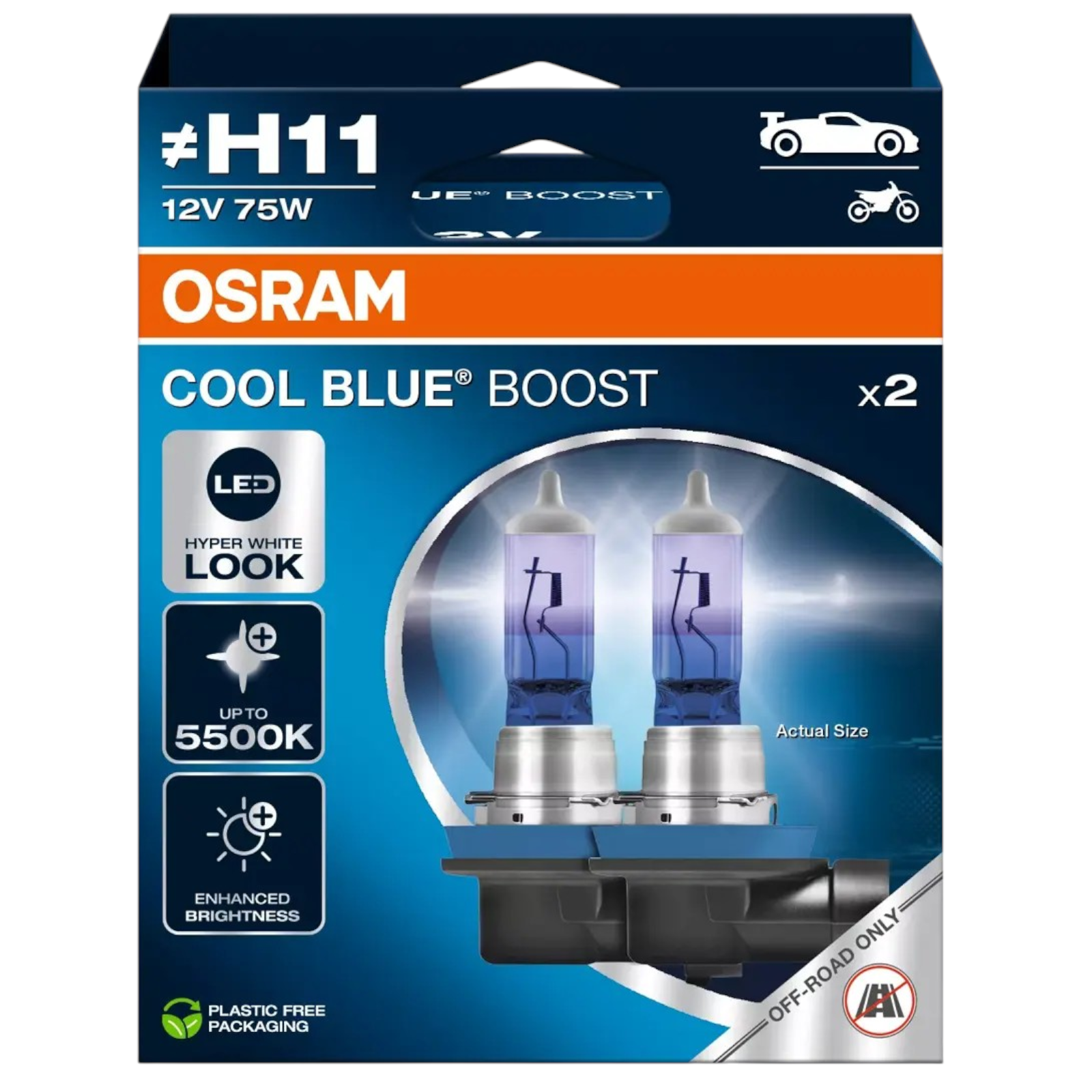 H11 OSRAM Cool Blue Boost 12V 80W Halogen Bulbs - 62211CBB-HCB
